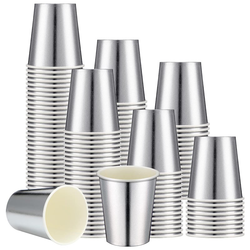 Amyhill Amyhill 100 Pcs Disposable Silver Drinking Party Paper Cups 9 oz Iridescent Disco Lasering Cups for Hot Cold Drink Tea Coffee Cocktail for Home  Restaurant  Store and Cafe Party Supplies - Image 1