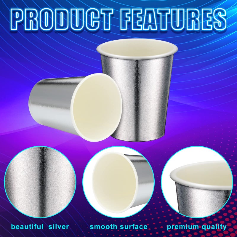 Amyhill Amyhill 100 Pcs Disposable Silver Drinking Party Paper Cups 9 oz Iridescent Disco Lasering Cups for Hot Cold Drink Tea Coffee Cocktail for Home  Restaurant  Store and Cafe Party Supplies - Image 3