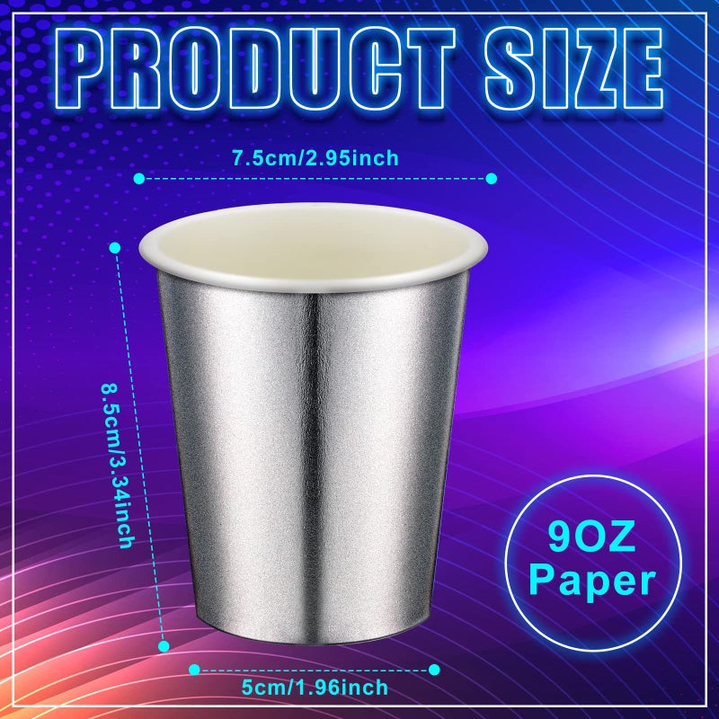 Amyhill Amyhill 100 Pcs Disposable Silver Drinking Party Paper Cups 9 oz Iridescent Disco Lasering Cups for Hot Cold Drink Tea Coffee Cocktail for Home  Restaurant  Store and Cafe Party Supplies - Image 2