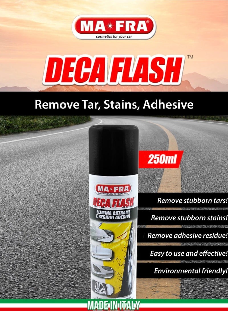مافرا بخاخ MA-FRA Deca Flash لإزالة القار (الزفت) - سعة 250 مل - مخصص لإزالة بقايا المواد اللاصقة والغراء والشمع والملصقات والقار والبيتومين وبقع الطريق؛ بخاخ تنظيف متعدد الأسطح للسيارات والدراجات النارية وجنوط الألمنيوم والأسطح المطلية والأجزاء المعدنية. - Image 3