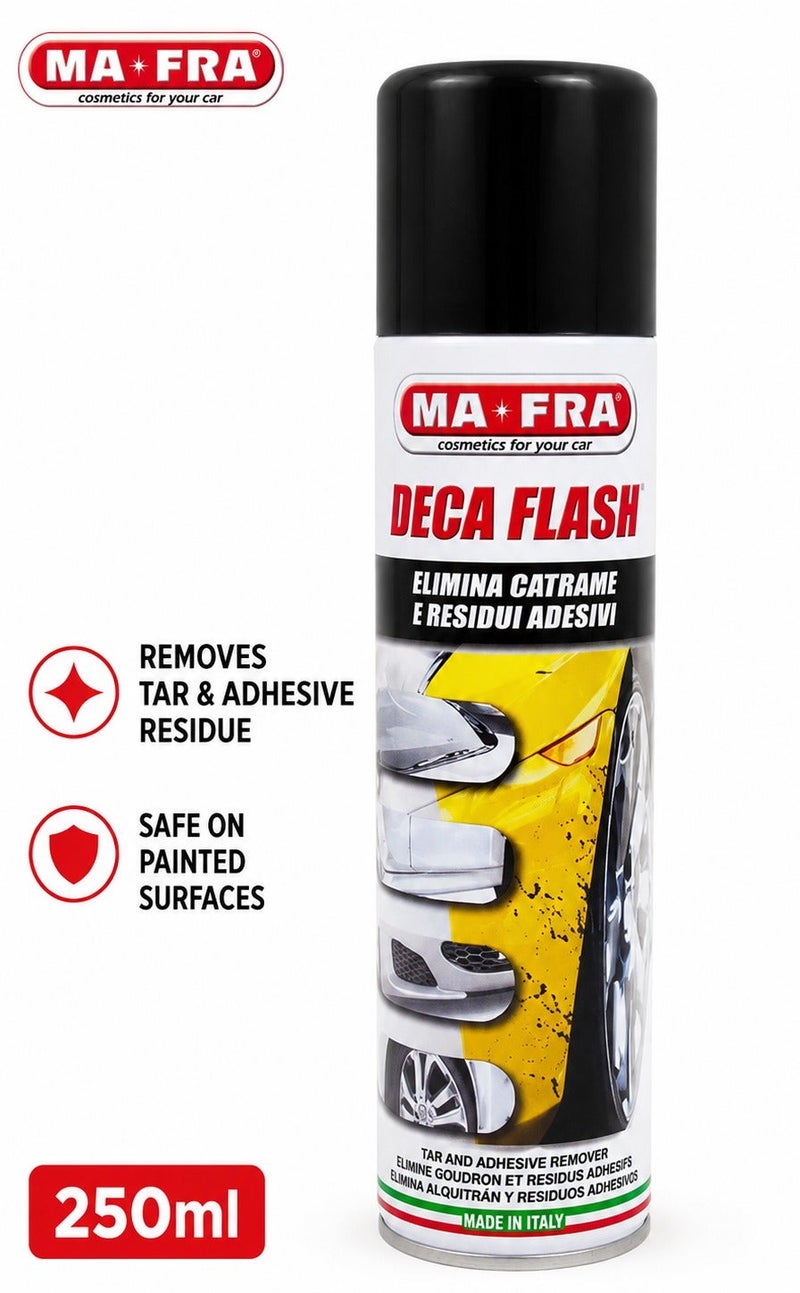 مافرا بخاخ MA-FRA Deca Flash لإزالة القار (الزفت) - سعة 250 مل - مخصص لإزالة بقايا المواد اللاصقة والغراء والشمع والملصقات والقار والبيتومين وبقع الطريق؛ بخاخ تنظيف متعدد الأسطح للسيارات والدراجات النارية وجنوط الألمنيوم والأسطح المطلية والأجزاء المعدنية. - Image 1