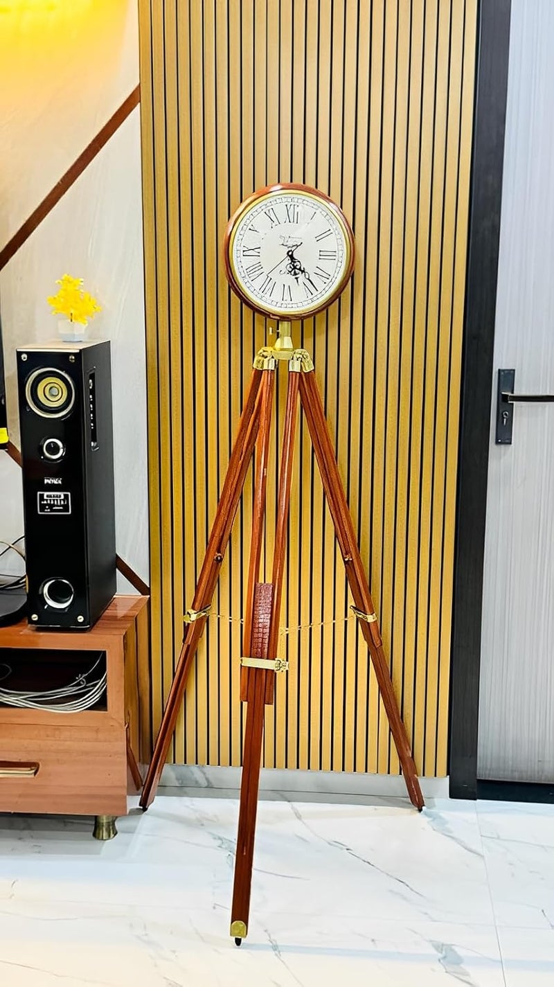 Nautical Vintage Antique Floor Standing Clock 178 cm Roman Number Wooden Clock with Wooden Antique Tripod Stand Brown - Image 5