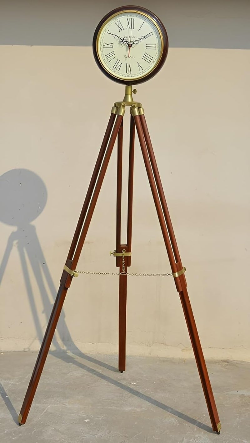 Nautical Vintage Antique Floor Standing Clock 178 cm Roman Number Wooden Clock with Wooden Antique Tripod Stand Brown - Image 2