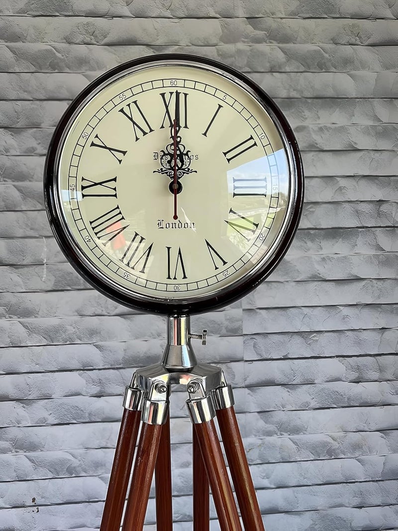Nautical Vintage Antique Floor Standing Clock 178 cm Roman Number Wooden Clock with Wooden Antique Tripod Stand Brown - Image 1