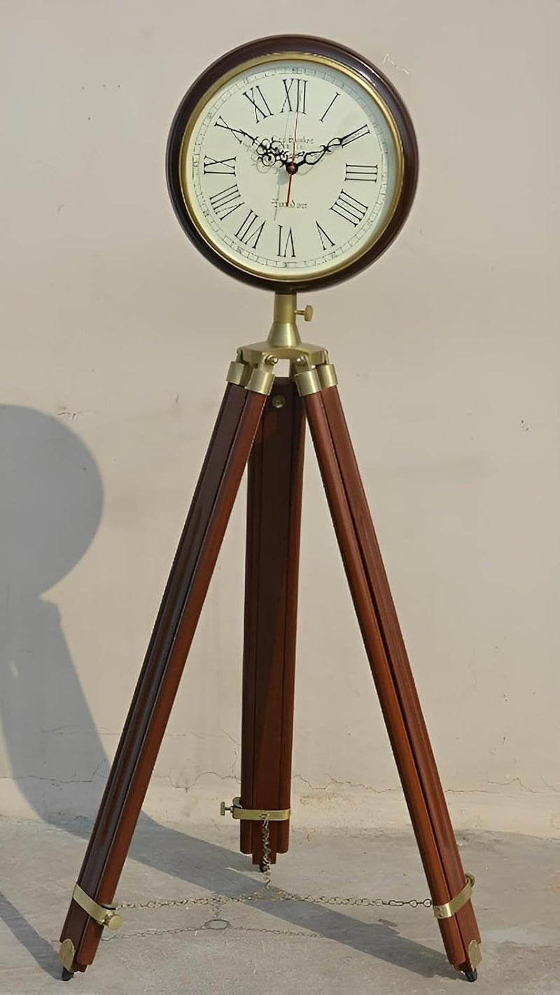 Nautical Vintage Antique Floor Standing Clock 178 cm Roman Number Wooden Clock with Wooden Antique Tripod Stand Brown - Image 4