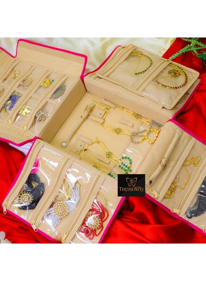 Trendifly silk Lucknowi Jewellery Organiser Box for women Necklace organizer pouches Travel Makeup Cosmetic Earrings Jewelry Storage box for Bridal Gifting (Dark Pink) - Image 4