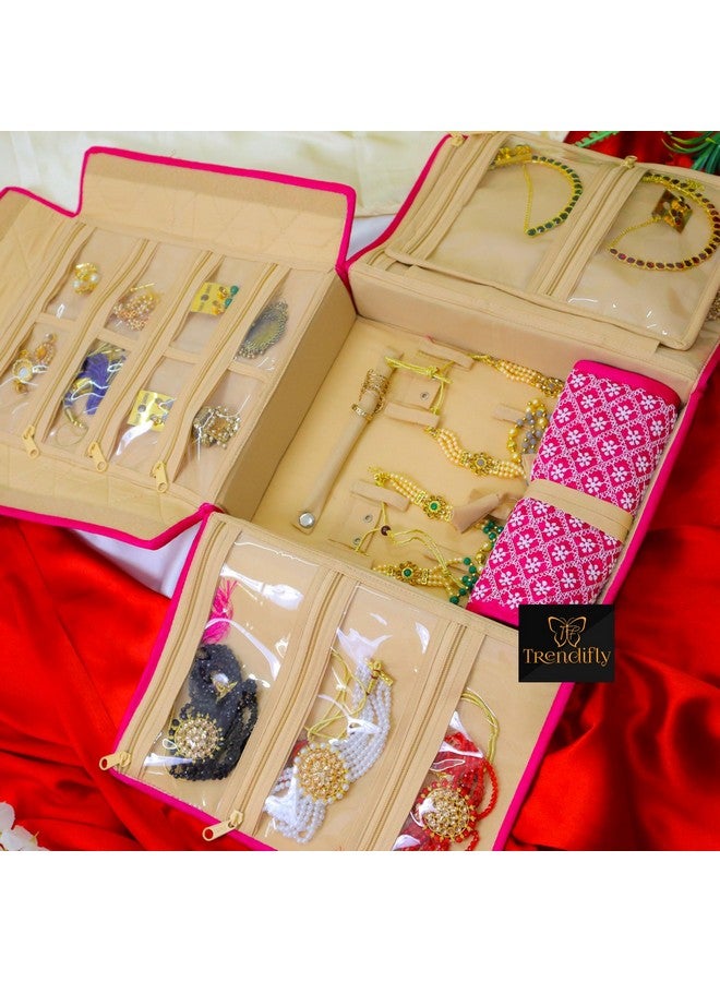Trendifly silk Lucknowi Jewellery Organiser Box for women Necklace organizer pouches Travel Makeup Cosmetic Earrings Jewelry Storage box for Bridal Gifting (Dark Pink) - Image 2