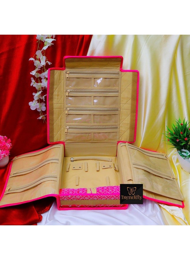 Trendifly silk Lucknowi Jewellery Organiser Box for women Necklace organizer pouches Travel Makeup Cosmetic Earrings Jewelry Storage box for Bridal Gifting (Dark Pink) - Image 1