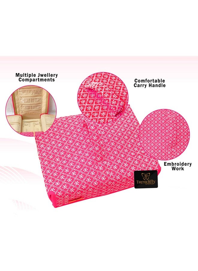 Trendifly silk Lucknowi Jewellery Organiser Box for women Necklace organizer pouches Travel Makeup Cosmetic Earrings Jewelry Storage box for Bridal Gifting (Dark Pink) - Image 3