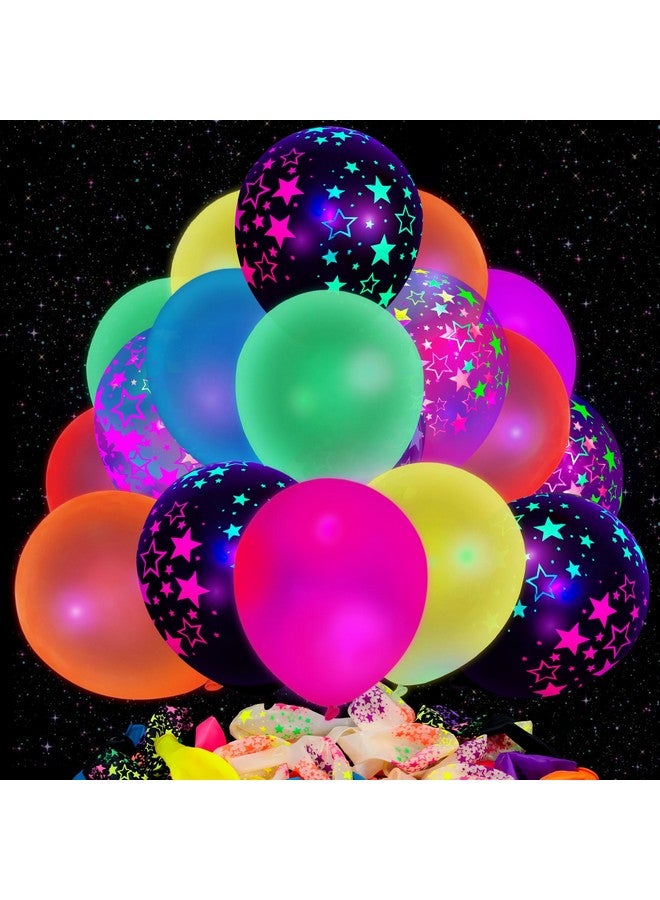 LovesTown 66PCS UV Neon Balloons Assorted, Glow Party Latex Balloons 12" Fluorescent Balloons with Stars for Birthday Wedding Glow Party Supplies - Image 1