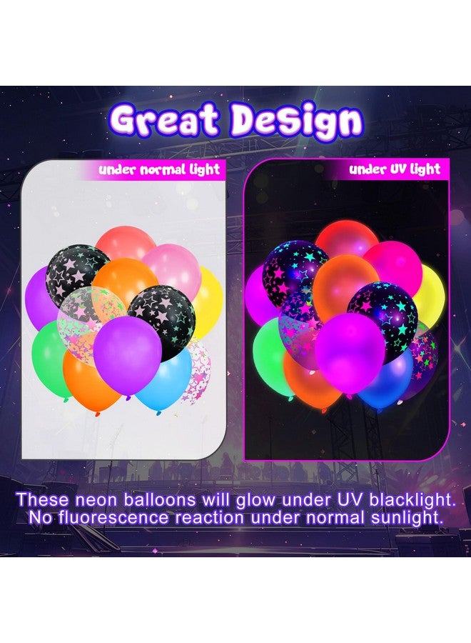LovesTown 66PCS UV Neon Balloons Assorted, Glow Party Latex Balloons 12" Fluorescent Balloons with Stars for Birthday Wedding Glow Party Supplies - Image 3