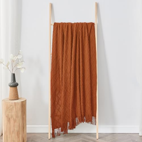 inhand Knitted Throw Blankets for Couch and Bed, Soft Cozy Knit Blanket with Tassel, Orange Rust Lightweight Decorative Blankets and Throws, Farmhouse Warm Woven Blanket for Men and Women, 60"x80" - Image 5