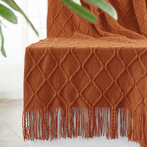 inhand Knitted Throw Blankets for Couch and Bed, Soft Cozy Knit Blanket with Tassel, Orange Rust Lightweight Decorative Blankets and Throws, Farmhouse Warm Woven Blanket for Men and Women, 60"x80" - Image 1