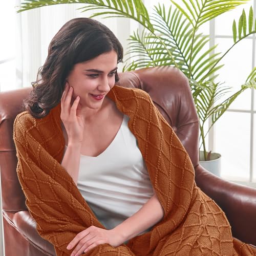 inhand Knitted Throw Blankets for Couch and Bed, Soft Cozy Knit Blanket with Tassel, Orange Rust Lightweight Decorative Blankets and Throws, Farmhouse Warm Woven Blanket for Men and Women, 60"x80" - Image 2