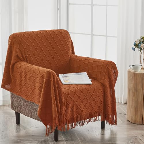 inhand Knitted Throw Blankets for Couch and Bed, Soft Cozy Knit Blanket with Tassel, Orange Rust Lightweight Decorative Blankets and Throws, Farmhouse Warm Woven Blanket for Men and Women, 60"x80" - Image 4