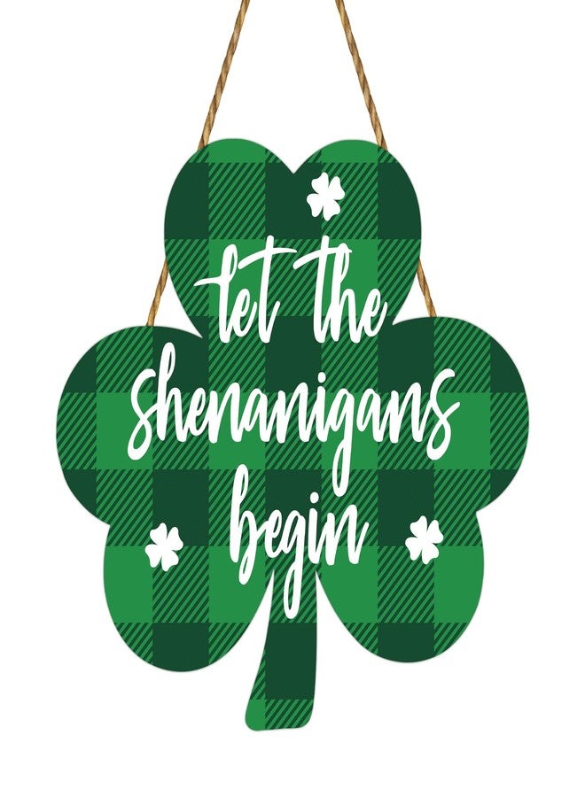 YUNKKIN St Patricks Day Wreath St Patricks Day Door Decorations Buffalo Plaid Shamrock Decorations Shamrock Wreath Wooden Front Door Hanger Let The Shenanigans Begin Sign for Porch Wall Indoor Home Decor - Image 1