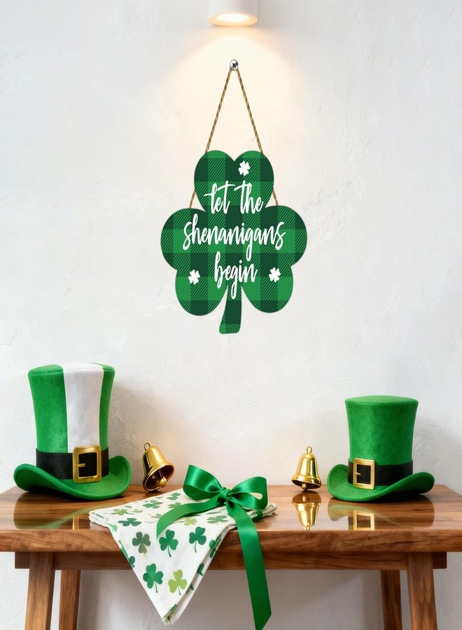 YUNKKIN St Patricks Day Wreath St Patricks Day Door Decorations Buffalo Plaid Shamrock Decorations Shamrock Wreath Wooden Front Door Hanger Let The Shenanigans Begin Sign for Porch Wall Indoor Home Decor - Image 5