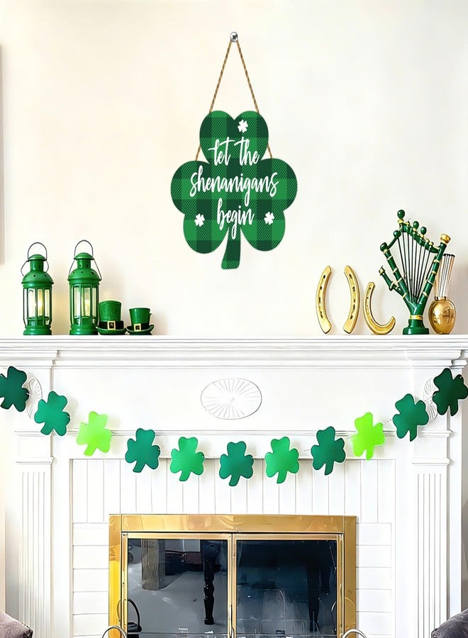 YUNKKIN St Patricks Day Wreath St Patricks Day Door Decorations Buffalo Plaid Shamrock Decorations Shamrock Wreath Wooden Front Door Hanger Let The Shenanigans Begin Sign for Porch Wall Indoor Home Decor - Image 4