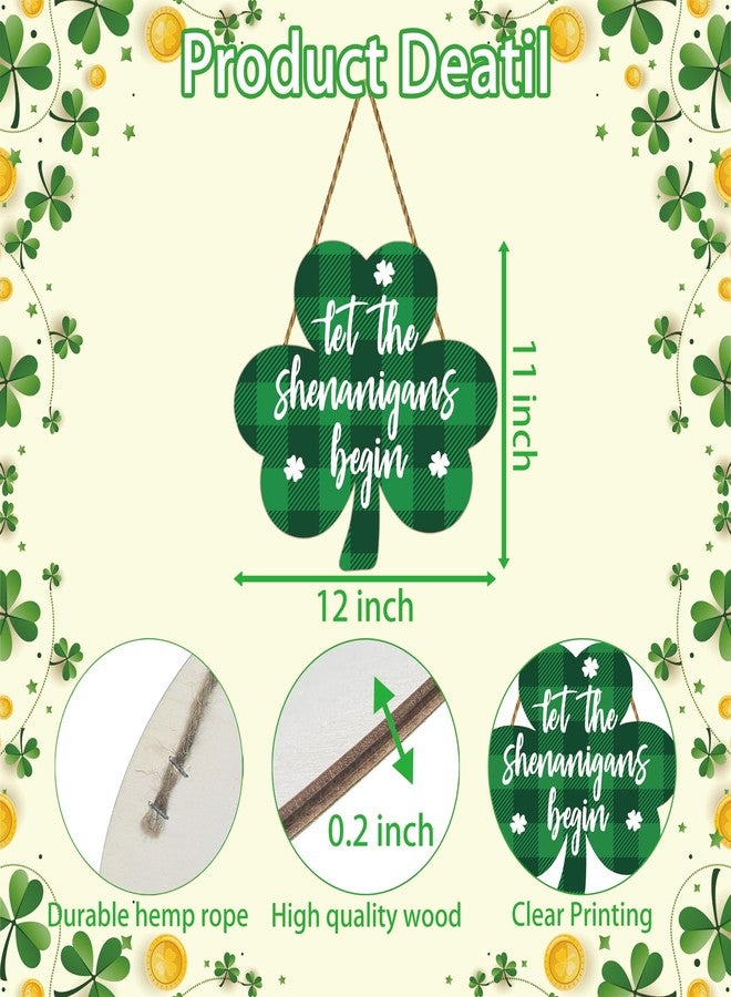 YUNKKIN St Patricks Day Wreath St Patricks Day Door Decorations Buffalo Plaid Shamrock Decorations Shamrock Wreath Wooden Front Door Hanger Let The Shenanigans Begin Sign for Porch Wall Indoor Home Decor - Image 2