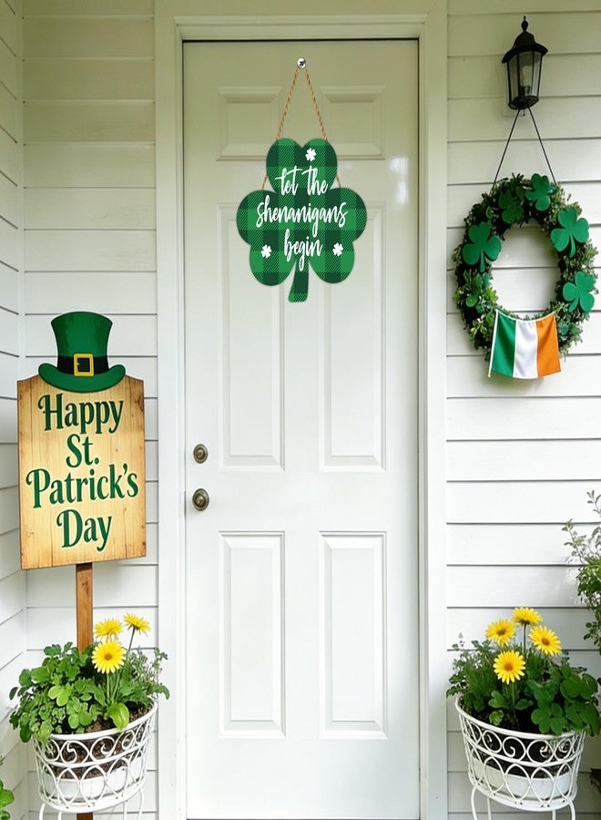 YUNKKIN St Patricks Day Wreath St Patricks Day Door Decorations Buffalo Plaid Shamrock Decorations Shamrock Wreath Wooden Front Door Hanger Let The Shenanigans Begin Sign for Porch Wall Indoor Home Decor - Image 3
