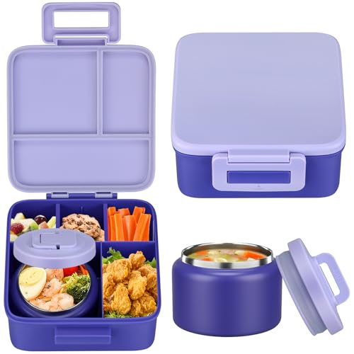 MAISON HUIS Bento Lunch Box with 8oz Soup Thermo, 5-Compartment Leak-Proof Container, Thermo Hot Food Jar and Insulated Lunch Bag, BPA Free,Travel, School (Purple) - Image 1