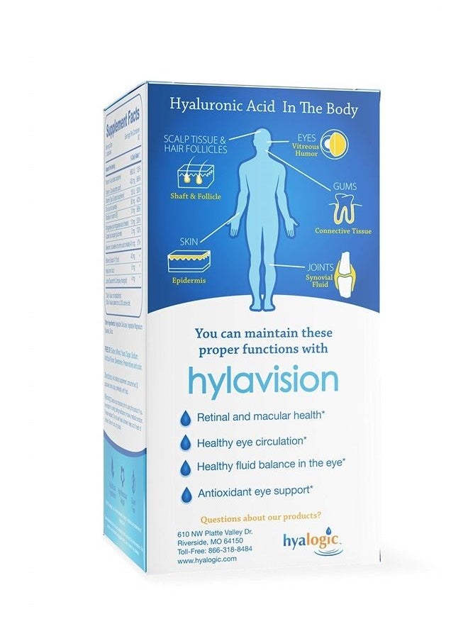 HylaVision Eye Health Supplements: Hyaluronic Acid, Lutein and Zeaxanthin Dietary Supplements for Vision Support (120 Capsules)— Vegan Formula by Hyalogic