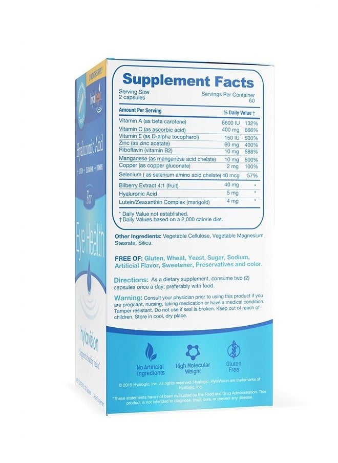 HylaVision Eye Health Supplements: Hyaluronic Acid, Lutein and Zeaxanthin Dietary Supplements for Vision Support (120 Capsules)— Vegan Formula by Hyalogic