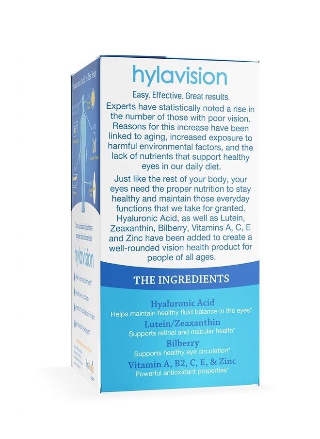 HylaVision Eye Health Supplements: Hyaluronic Acid, Lutein and Zeaxanthin Dietary Supplements for Vision Support (120 Capsules)— Vegan Formula by Hyalogic
