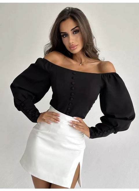 Блузка вечерняя Button Top Commuter Style Off-the-shoulder Chiffon Shirt