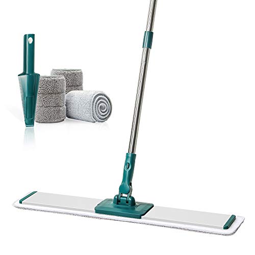 CQT Commercial Flat Microfiber Floor Mop Cleaning System 24" Inch Wet Dry and Dust Hardwood with 4 Washable Pads Cleaner for Laminate Tile Stainless Steel Handle and Extension (PT14 Green) - Image 1