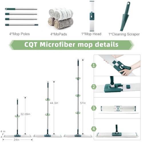 CQT Commercial Flat Microfiber Floor Mop Cleaning System 24" Inch Wet Dry and Dust Hardwood with 4 Washable Pads Cleaner for Laminate Tile Stainless Steel Handle and Extension (PT14 Green) - Image 3
