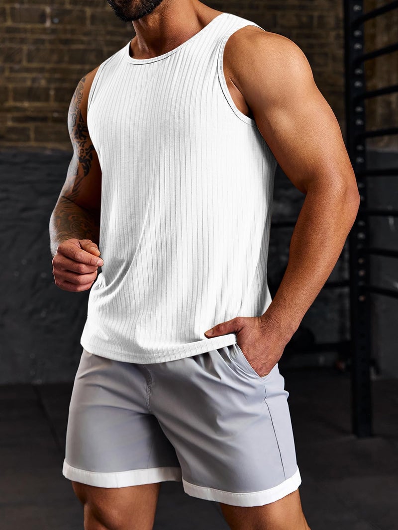 Runcati Men's Workout Tank Tops Sleeveless Ribbed Knit T Shirt Muscle Gym Fitness Tee White - Image 2