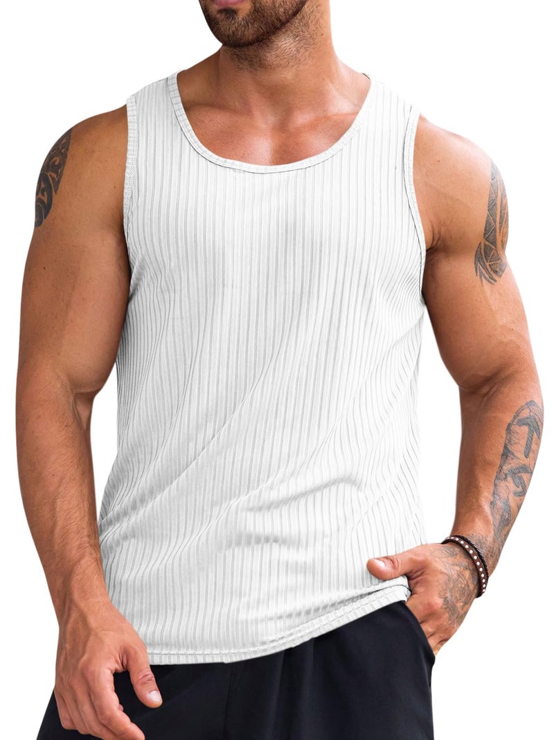 Runcati Men's Workout Tank Tops Sleeveless Ribbed Knit T Shirt Muscle Gym Fitness Tee White - Image 1