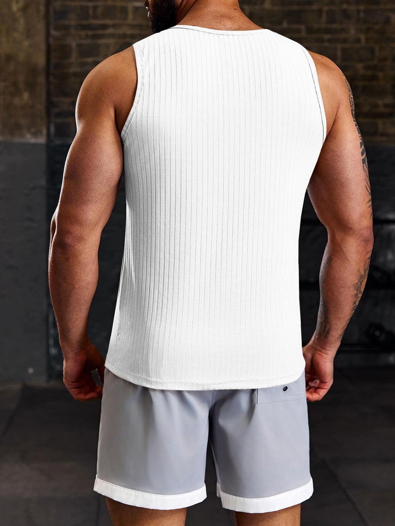 Runcati Men's Workout Tank Tops Sleeveless Ribbed Knit T Shirt Muscle Gym Fitness Tee White - Image 3