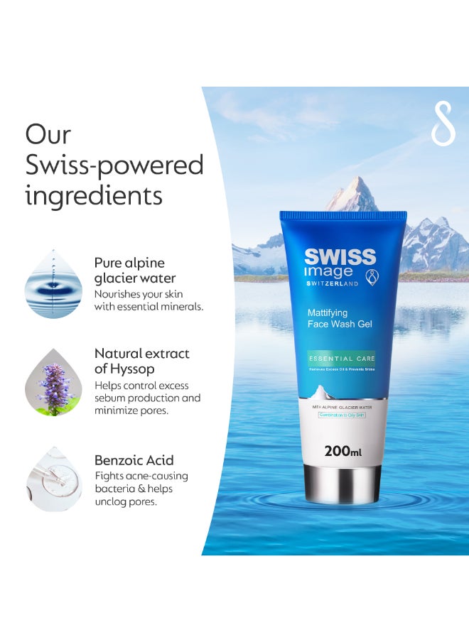 SWISS image Mattifying Face Wash Gel 200 ml Deep Cleanse & Purify Skin, Oil Control & Anti-Shine Formula for Long-Lasting Matte Look |For Combination to Oily Skin Swiss Made| For Men & Women%  - Image 3