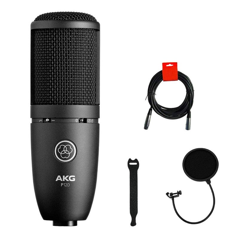 AKG P120 Cardioid Condenser Microphone (Black) with XLR-XLR Cable, Pop Filter & 10-Pack Straps Bundle - Image 1