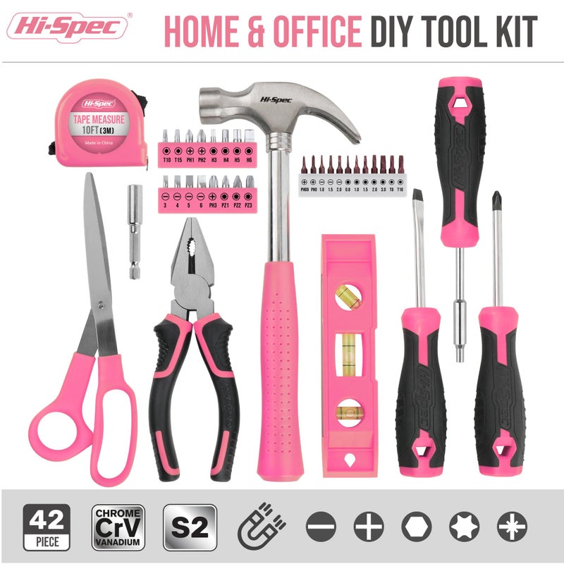 Hi-Spec 42pc Pink Household DIY Tool Set for Women. Home, Office and College Dorm Small Toolkit of Starter Basic Ladies Tools - Image 2