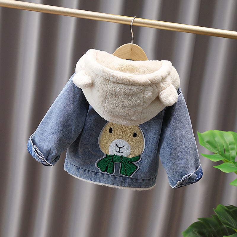 Girls' Denim Coat 2022 New Korean Style Fleece-Lined Thickened Children'S Dress Girls' Winter Western Style Top - Image 1