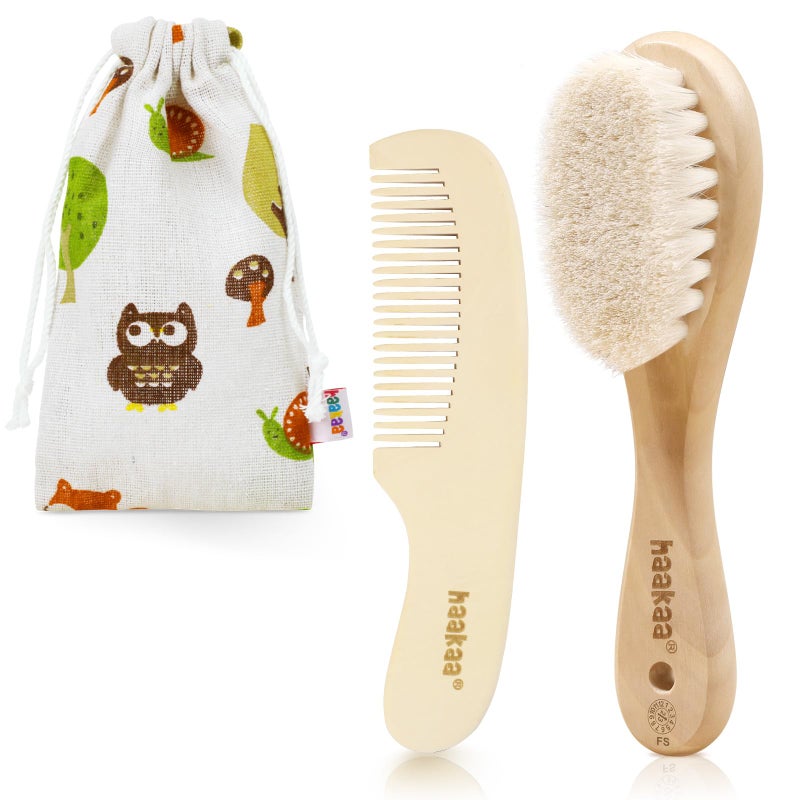 haakaa Baby Hair Brush and Comb Set for Newborns & Toddlers - Natural Soft Wool Bristles and Wooden Handle, Gently Grooms Baby's Hair, Ideal for Cradle Cap, Perfect Baby Gift, 2pk - Image 1