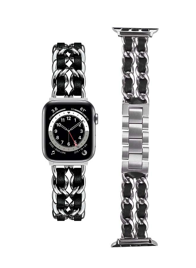 NIBEMINENT Chain Leather Replacement Band For Apple Watch Series 6/SE/5/4/3/2/1 Silver Black