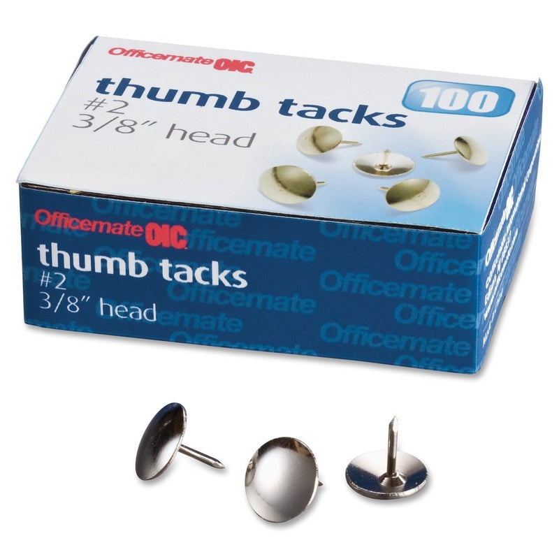 Officemate Steel Thumb Tacks, 3/8 Inch Head, Silver, Box of 100 (92912) - Image 1