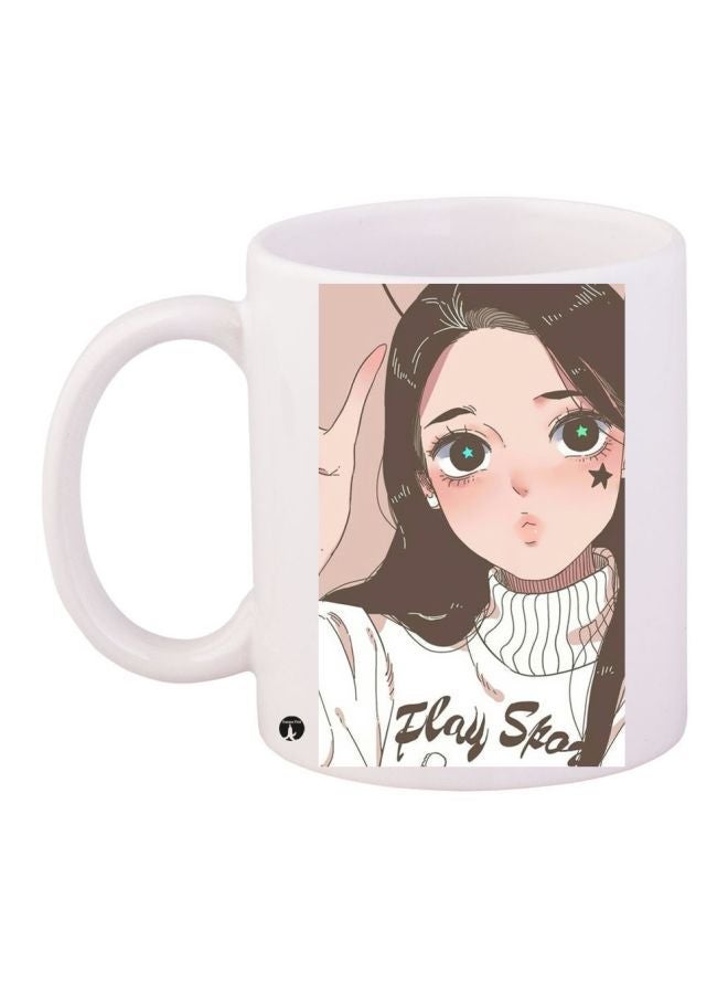 RYN Anime Girl Printed Coffee Mug White/Beige/Black 11ounce