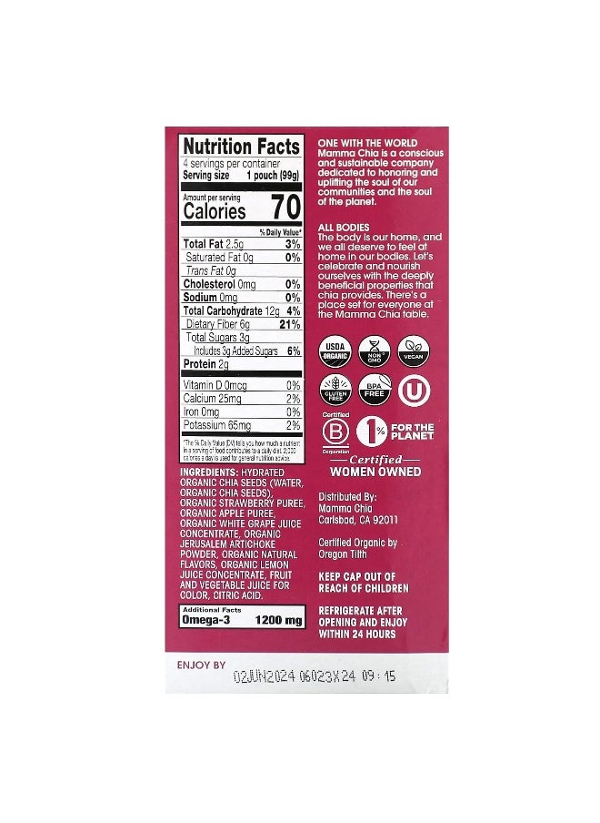 Mamma Chia Mamma Chia, Organic Chia Prebiotic Squeeze Snack, Strawberry Lemonade, 4 Pack, 3.5 oz (99 g) Each  - Image 2