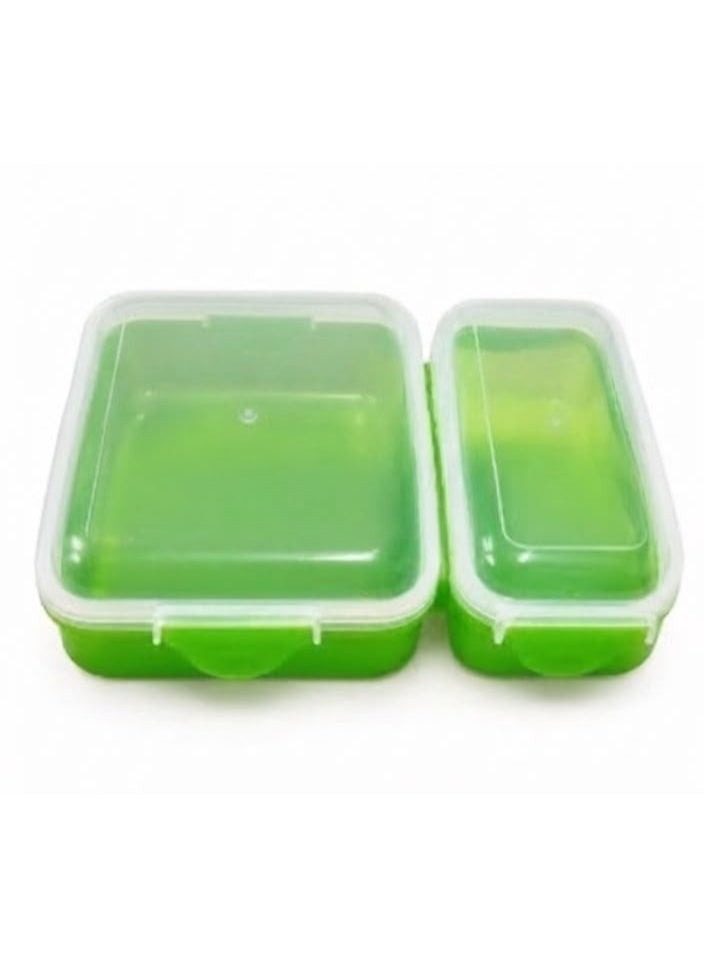 Transparent plastic lunch box, 1100ml capacity, available in assorted colors, featuring a 2-compartment design.