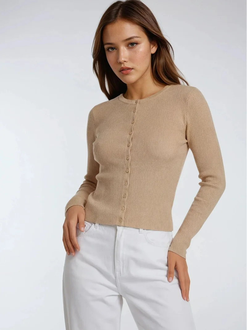 Mixray Tan Natural Mixray Buttoned Slim Fit Ribbed Knit Cardigan for Women | Best Price UAE
