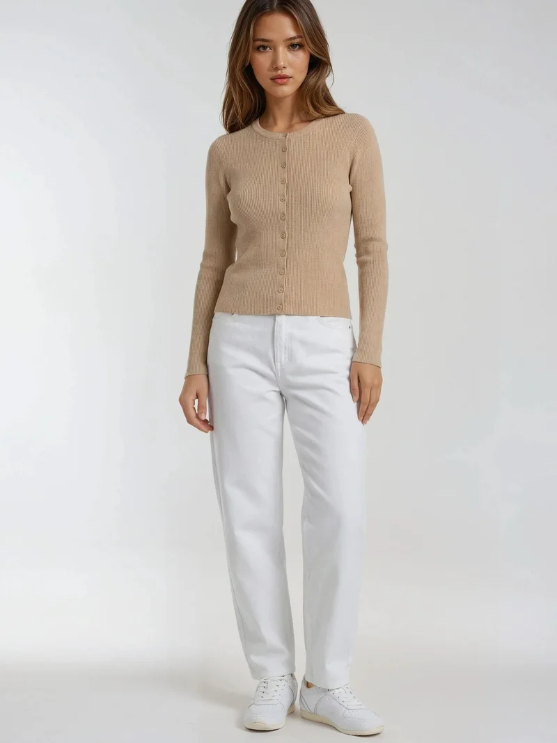 Mixray Tan Natural Mixray Buttoned Slim Fit Ribbed Knit Cardigan for Women | Best Price UAE