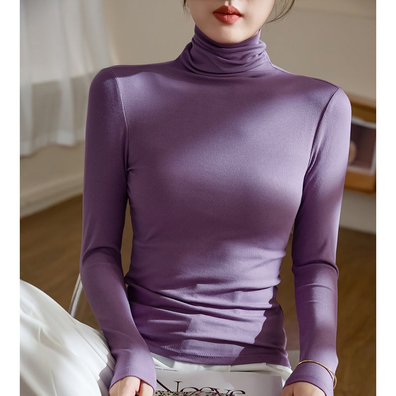 High Elastic Threaded Cotton Turtleneck Bottoming Shirt Women's Long-Sleeved T-Shirt 2025 Autumn and Winter Wear with Slim Fit Right Shoulder Top - Image 1