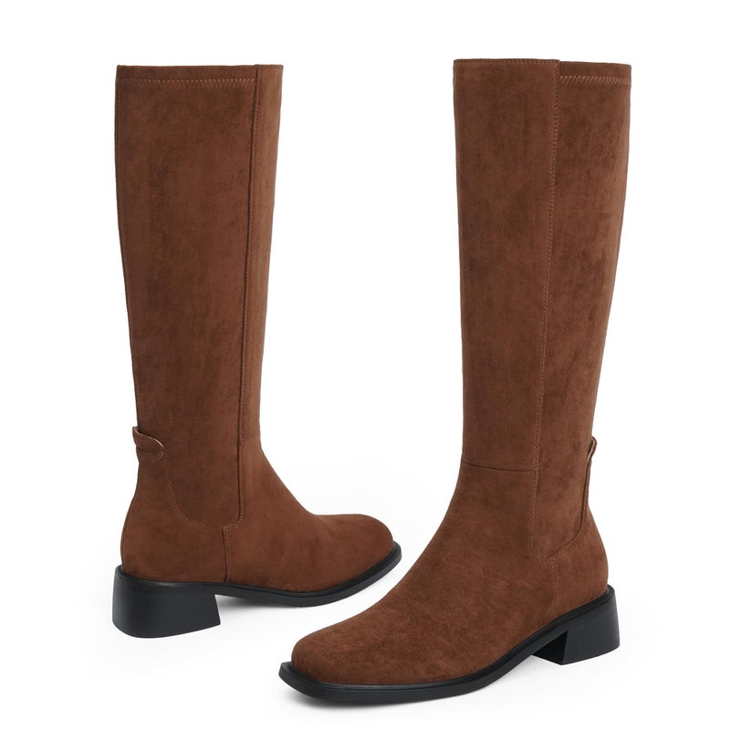 QIY Brown Knee High Boots for Women Riding Boots Chunky Heel Brown Suede Boot for Women Square Toe Block Flat Tall Dress Long Fall Boot Size 7 - Image 5