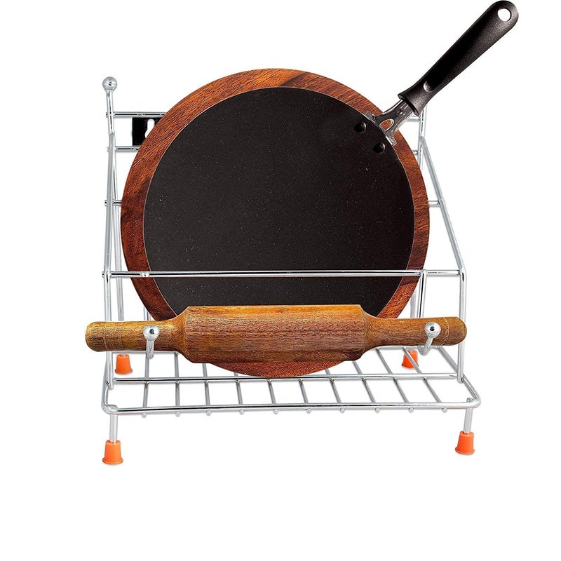 Zepdos Stainless Steel 4in1 Chakla Belan Stand for Kitchen Silver Modern Style Wall Mountable Kitchen Storage Rack - Image 3