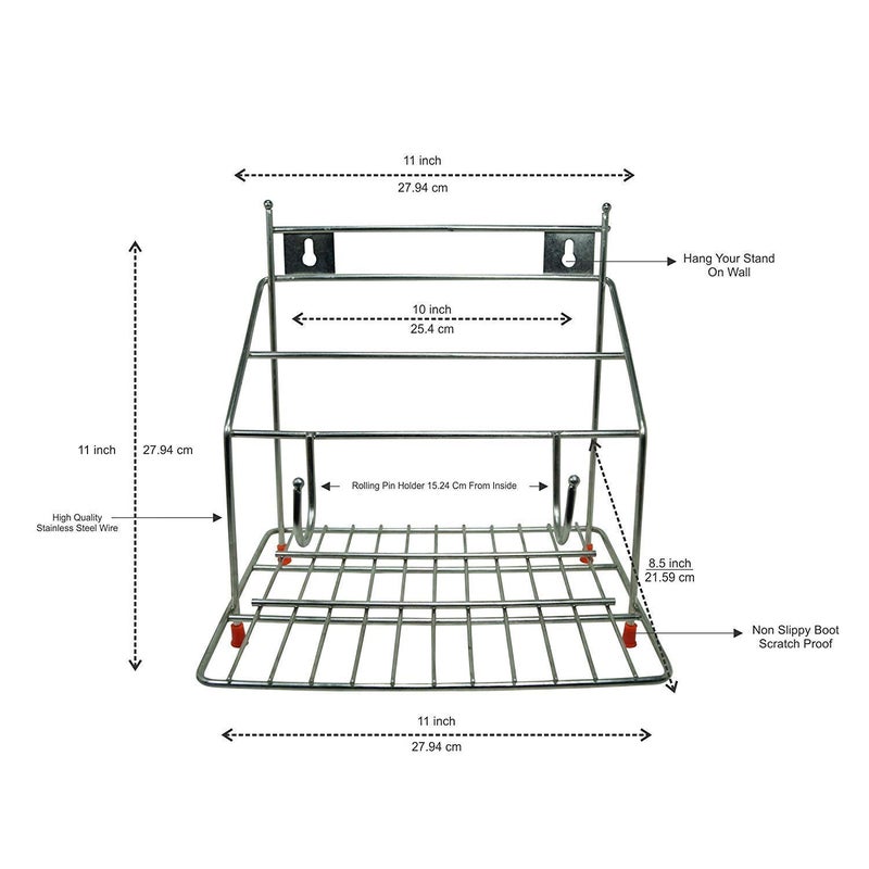 Zepdos Stainless Steel 4in1 Chakla Belan Stand for Kitchen Silver Modern Style Wall Mountable Kitchen Storage Rack - Image 5